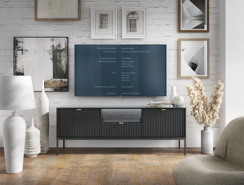 Mobile TV con piedi in metallo 2 ante e 1 cassetto in legno laminato Miseno 154x56 cm