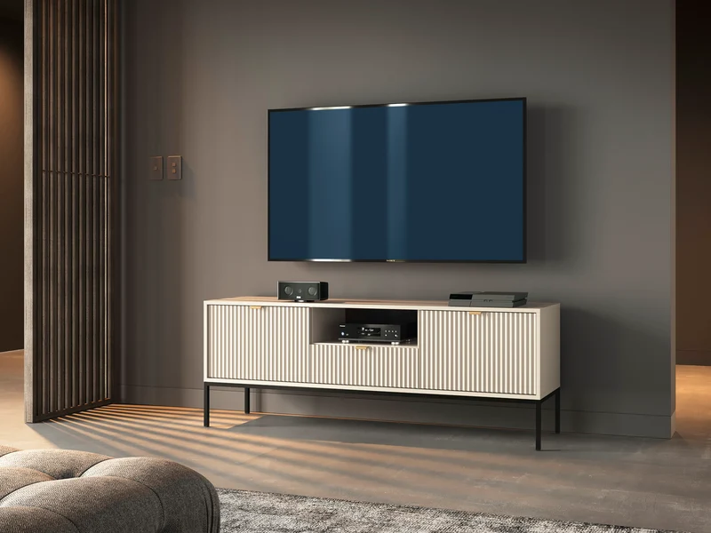 Mobile TV con piedi in metallo 2 ante e 1 cassetto in legno laminato Miseno 154x56 cm