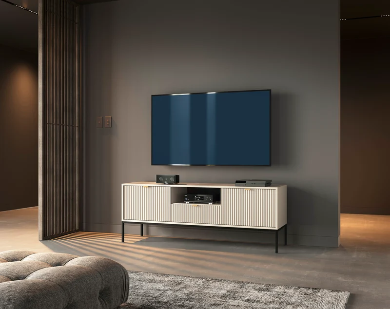 Mobile TV con piedi in metallo 2 ante e 1 cassetto in legno laminato Miseno 154x56 cm