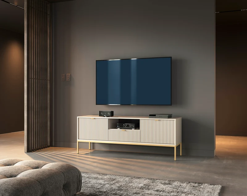 Mobile TV con piedi in metallo 2 ante e 1 cassetto in legno laminato Miseno 154x56 cm