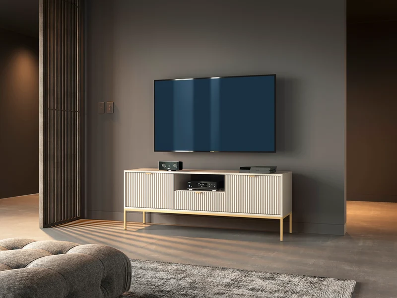 Mobile TV con piedi in metallo 2 ante e 1 cassetto in legno laminato Miseno 154x56 cm