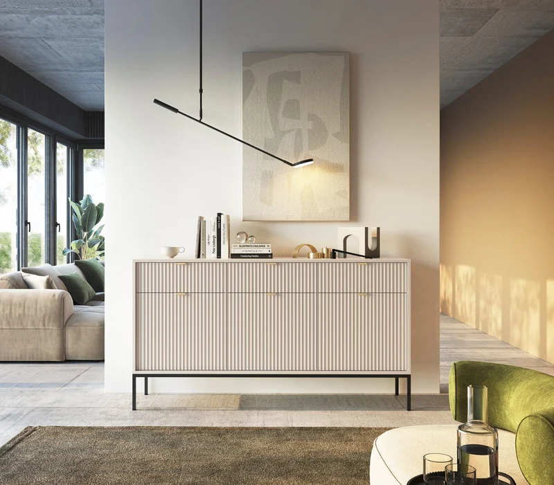 Madia con piedi in metallo 3 ante e 3 cassetti in legno laminato Miseno 154x83 cm