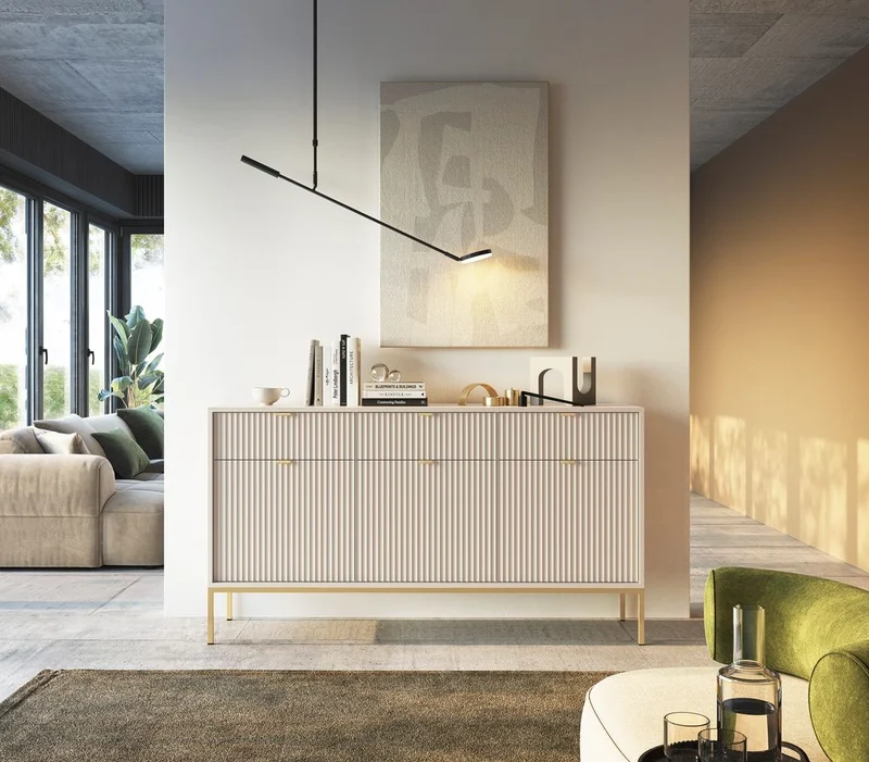 Madia con piedi in metallo 3 ante e 3 cassetti in legno laminato Miseno 154x83 cm