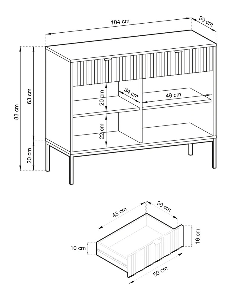 Madia con piedi in metallo 2 ante e 2 cassetti in legno laminato Miseno 104x83 cm