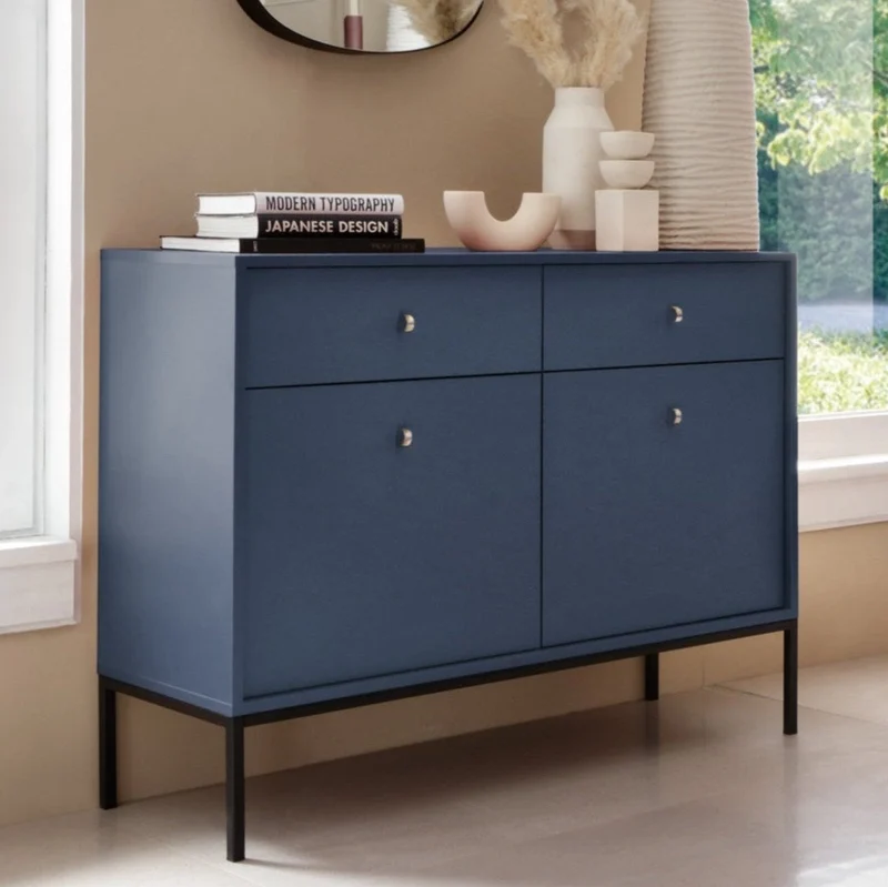 Madia con piedi in metallo 2 ante 2 cassetti in legno laminato Canterno 104x83 cm