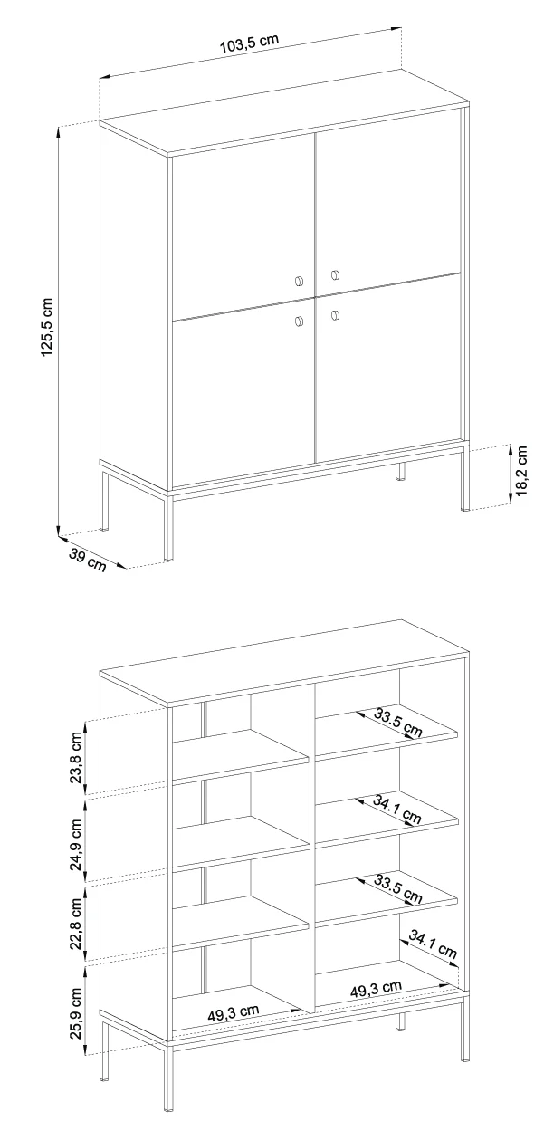 Credenza con piedi in metallo 4 ante in legno laminato Canterno 104x125 cm