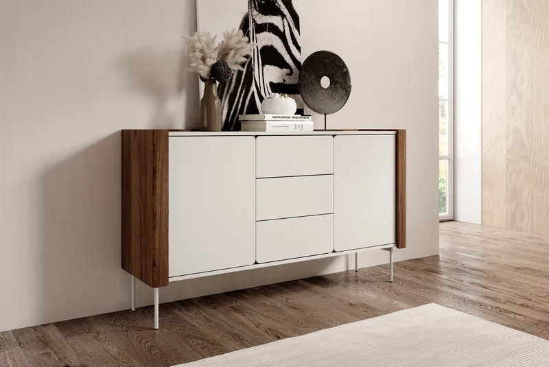 Madia 2 ante 3 cassetti in legno laminato noce e cashmere Lumia 141x82 cm