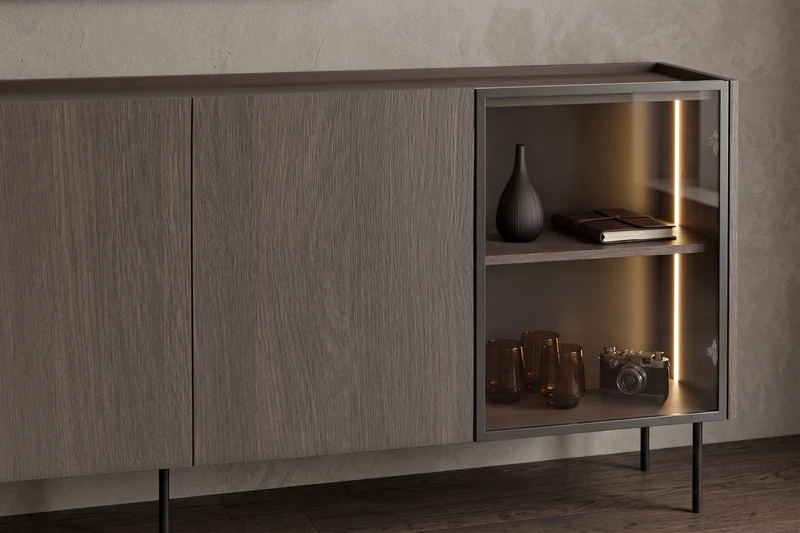 Madia 4 ante rovere con piede in metallo Ohra 220 x 40 cm