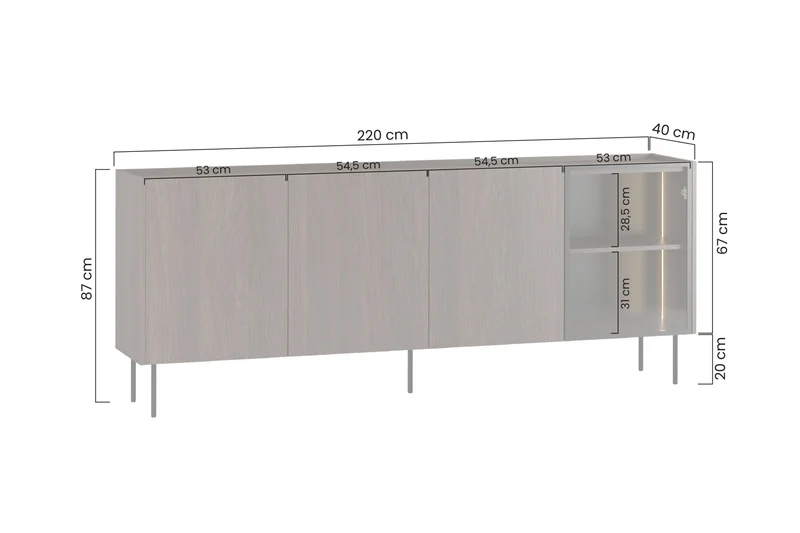 Madia 4 ante rovere con piede in metallo Ohra 220 x 40 cm