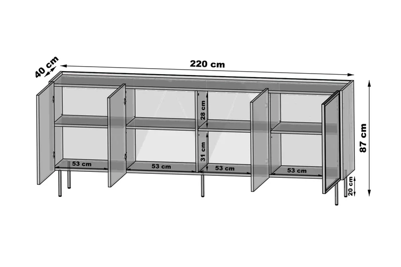 Madia 4 ante rovere con piede in metallo Ohra 220 x 40 cm