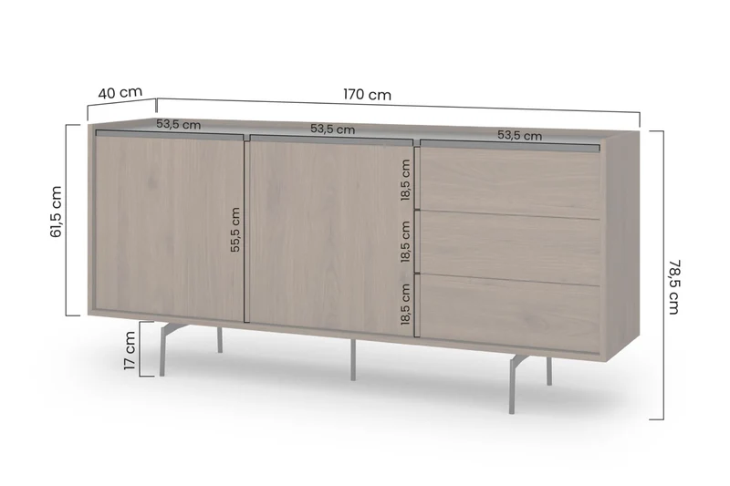 Madia 2 ante e 3 cassetti con piede in metallo Zoa 170 x 78,5 cm