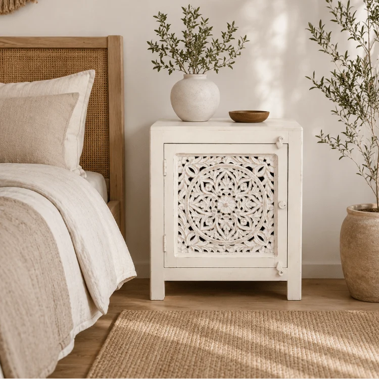 Mesita de noche tallada madera blanco Moly