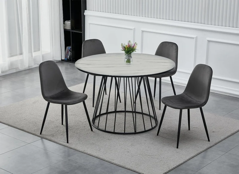 Tavolo da pranzo rotondo effetto marmo bianco base in metallo nero STELLA