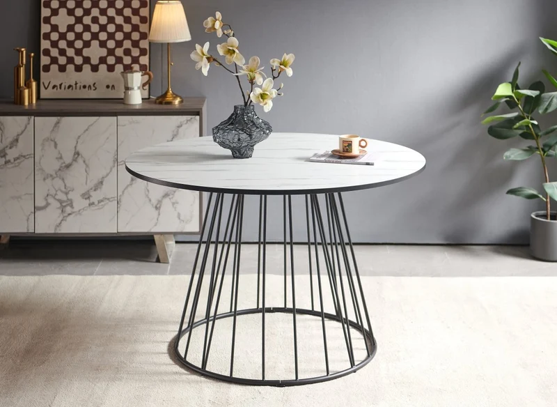 Tavolo da pranzo rotondo effetto marmo bianco base in metallo nero STELLA