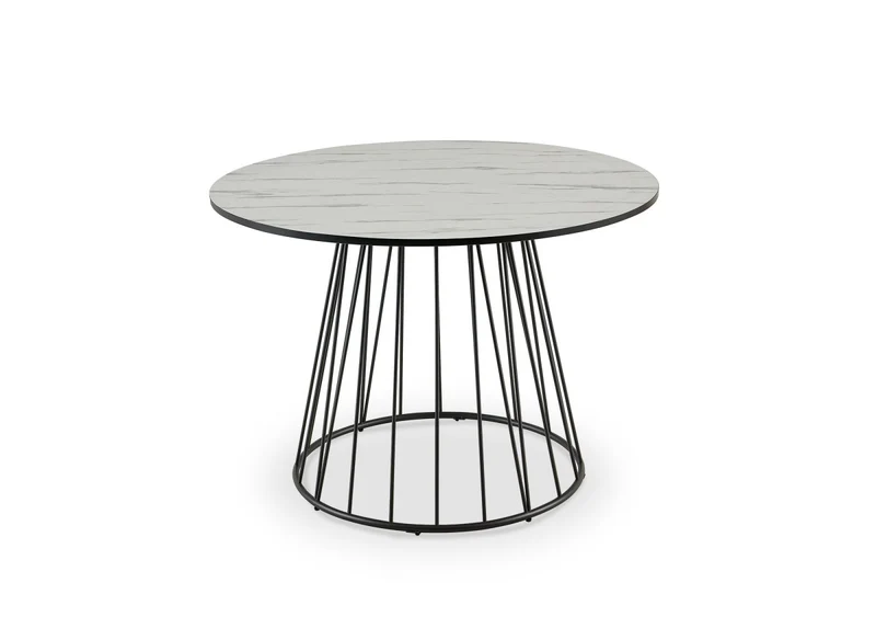 Tavolo da pranzo rotondo effetto marmo bianco base in metallo nero STELLA