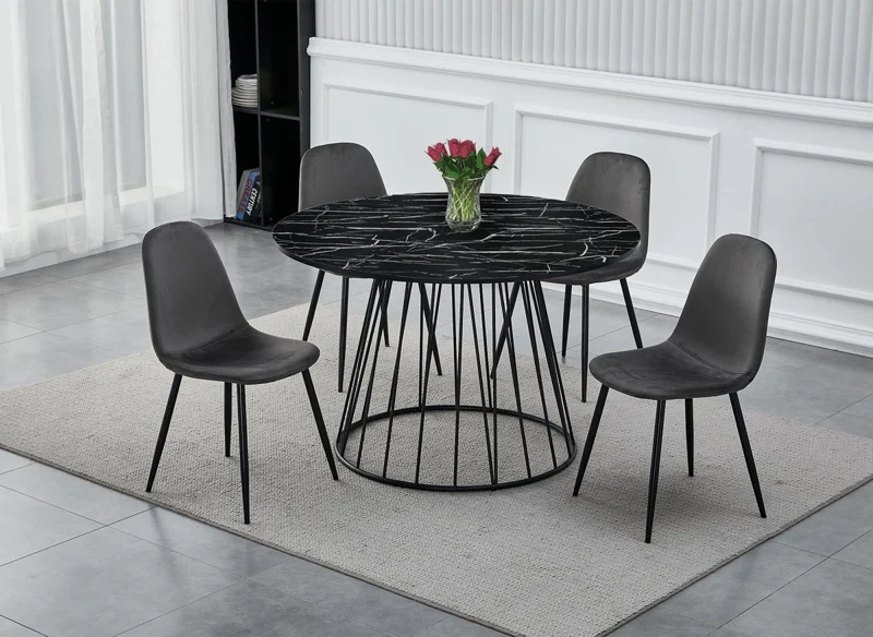 Tavolo da pranzo rotondo effetto marmo nero base in metallo nero STELLA