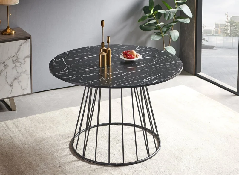 Tavolo da pranzo rotondo effetto marmo nero base in metallo nero STELLA