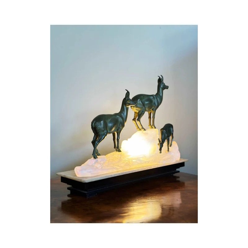 Fritz Diller 1875-1945 Rara Scultura Illuminante 1930 Camoscio Sul Ghiacciaio In Montagna