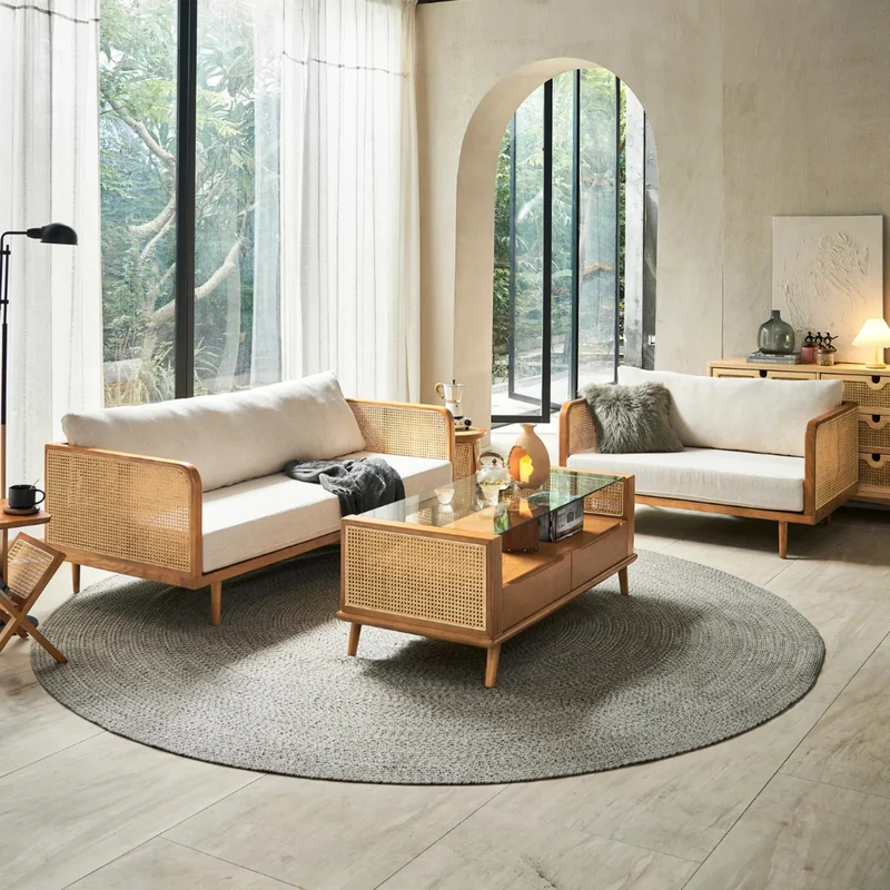 Elysian Ash Wood & Rattan 3 Seater Sofa – Timeless Craftsmanship, Everyday Comfort