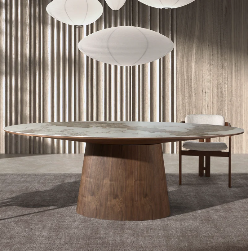 Tavolo da pranzo ovale in marmo porcellanato e noce 220 x 112 cm