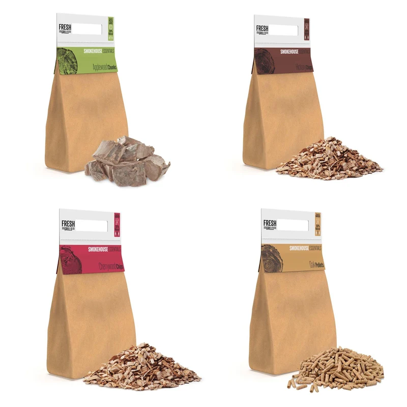 Pezzi di legno per affumicatura BBQ, pellet e trucioli x 500 confezioni