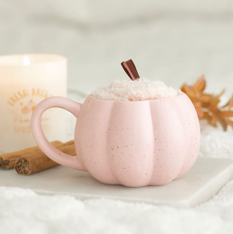 Tazza in ceramica a forma di zucca rosa con calzini in spugna