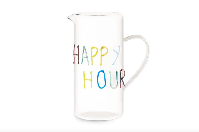 Caraffa "Happy Hour" con scritta decorativa in vetro colorato in rilievo