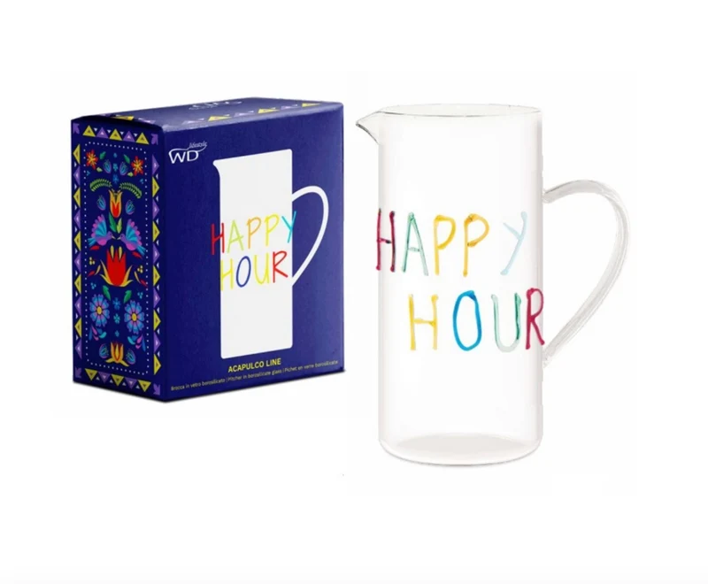 Caraffa "Happy Hour" con scritta decorativa in vetro colorato in rilievo
