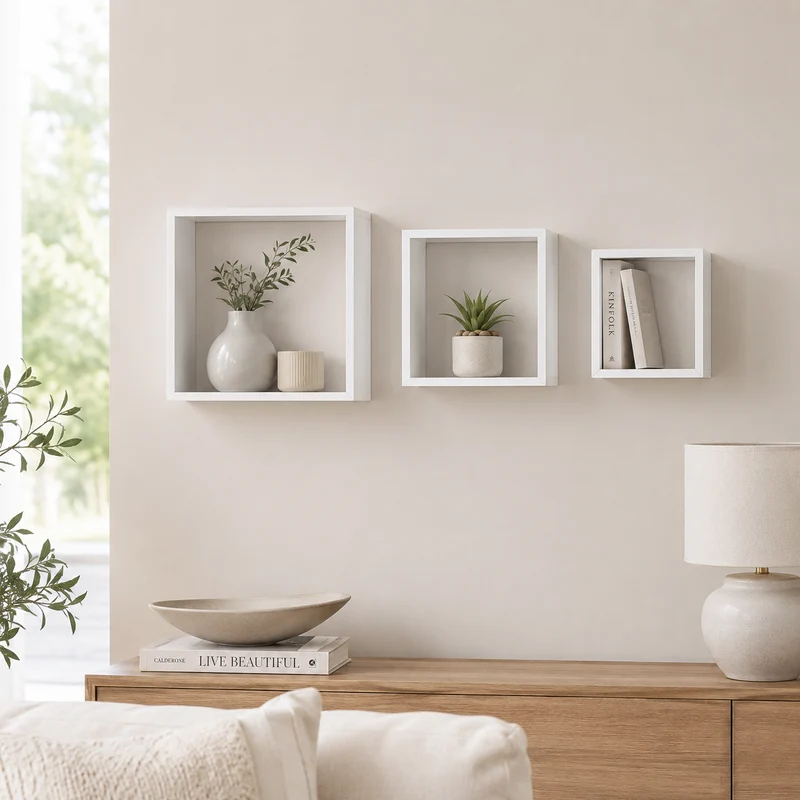 Set 3 mensole a cubo da parete bianco opaco 23-26-29 cm – Kalisi