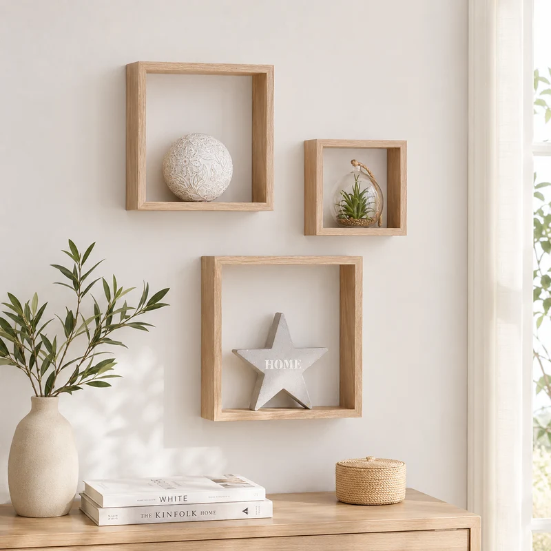 Set 3 mensole a cubo da parete effetto rovere naturale 15-20-25 cm – Fixy