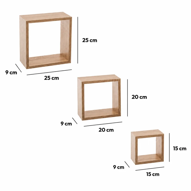 Set 3 mensole a cubo da parete effetto rovere naturale 15-20-25 cm – Fixy