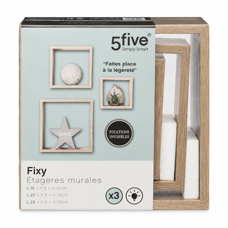 Set 3 mensole a cubo da parete effetto rovere naturale 15-20-25 cm – Fixy