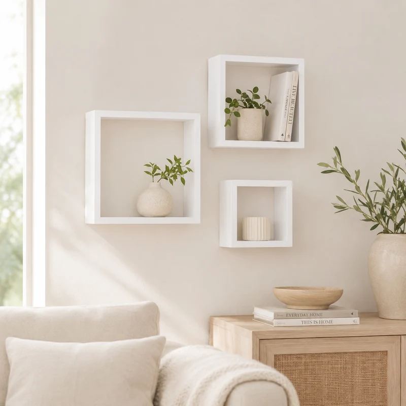 Set 3 mensole a cubo da parete in MDF bianco 15-20-25 cm – Fixy