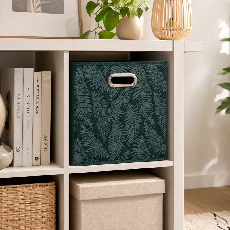 Scatola contenitore in tessuto verde motivo foglie felce 31x31x31 cm – Herbier