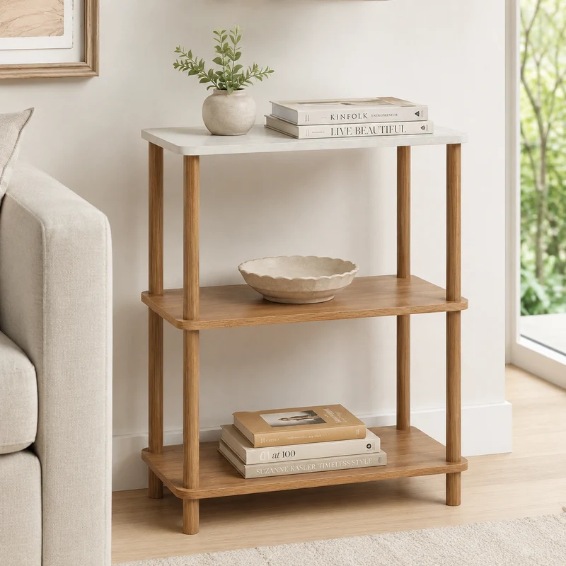 Scaffale basso 3 ripiani in MDF effetto legno e marmo 60x29,5x76,5 cm – Come