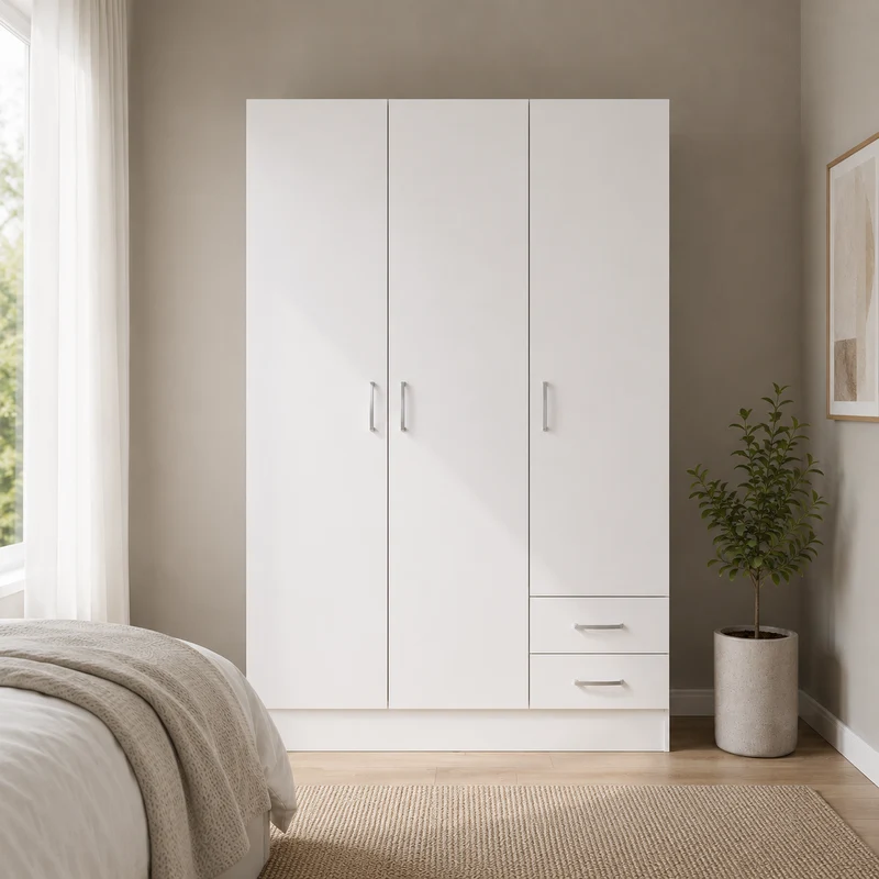 Armadio guardaroba 3 ante 2 cassetti in melaminico bianco 119x46x184 cm – Facile