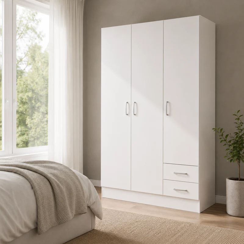 Armadio guardaroba 3 ante 2 cassetti in melaminico bianco 119x46x184 cm – Facile