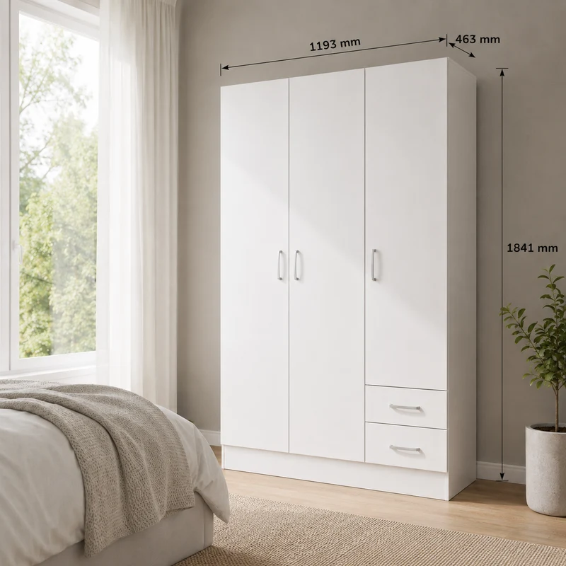 Armadio guardaroba 3 ante 2 cassetti in melaminico bianco 119x46x184 cm – Facile