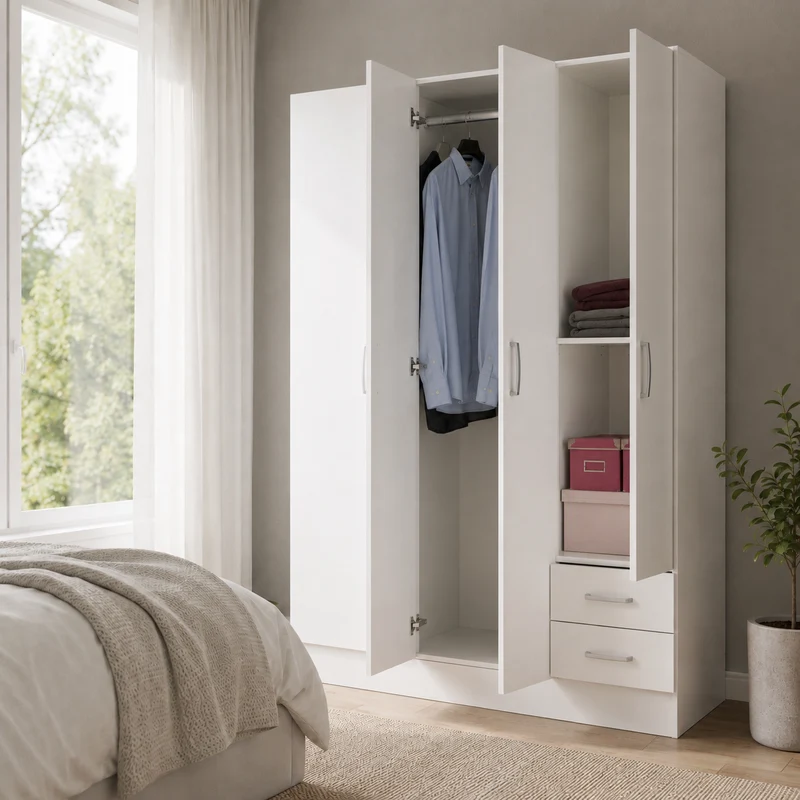 Armadio guardaroba 3 ante 2 cassetti in melaminico bianco 119x46x184 cm – Facile
