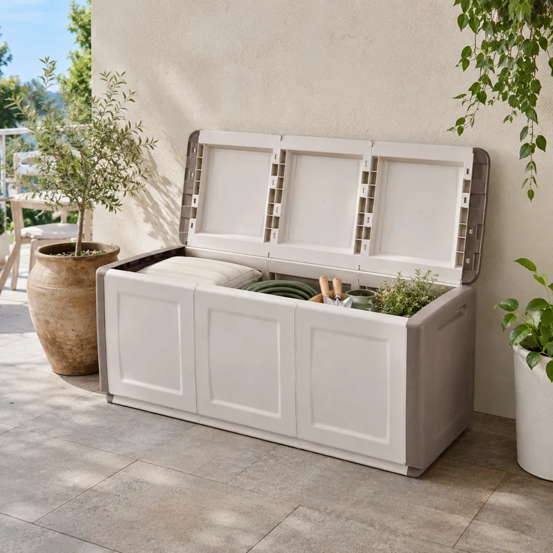 Baule contenitore da esterno in polipropilene tortora/ecrù 330 L 138x53x57 cm – Cube