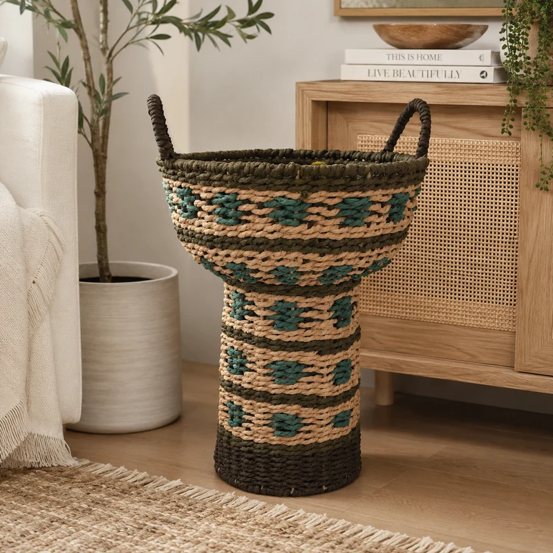 Cesta decorativa a forma di coppa intrecciata turchese con manico – Kya