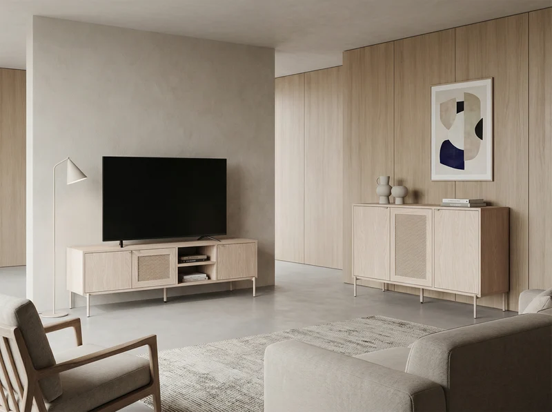 Mobile TV 3 ante rovere con gamba in metallo Hinti 164x50 cm