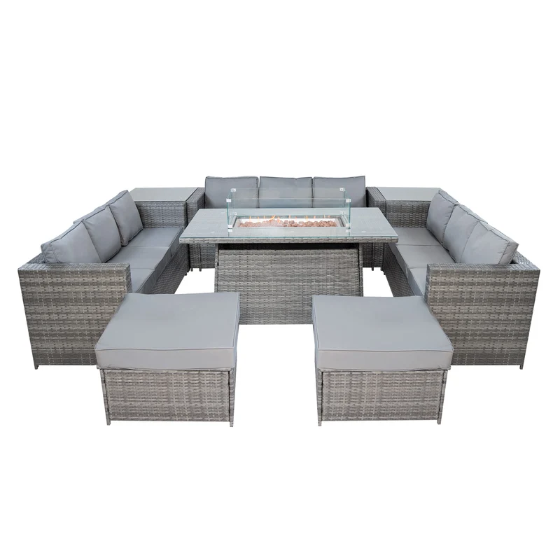 Set Mobili da Giardino in Rattan 11 Posti con Tavolo Firepit – Grigio