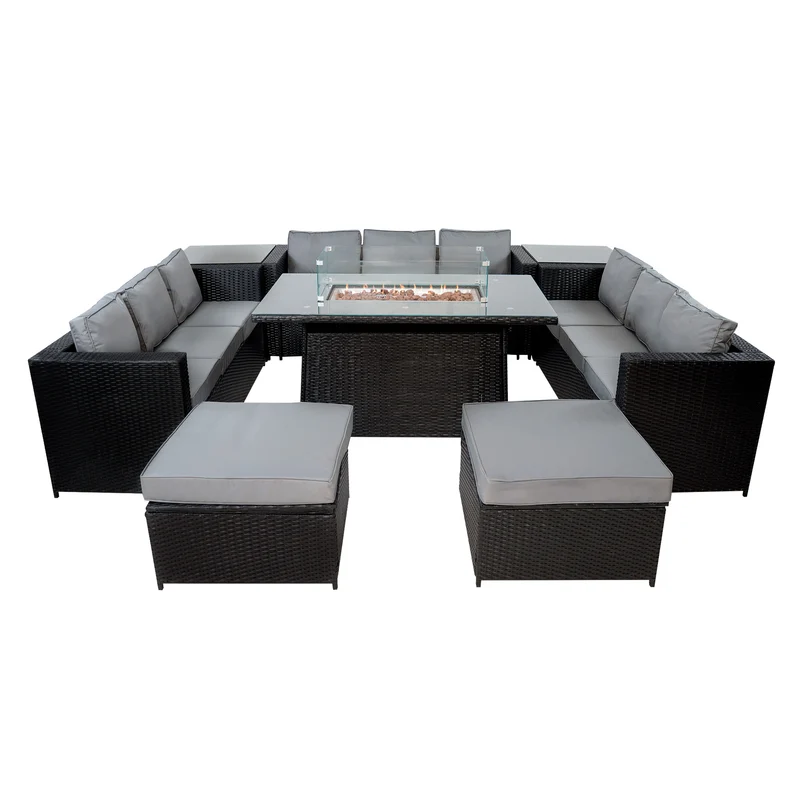 Set Mobili da Giardino in Rattan 11 Posti con Tavolo Firepit – Nero