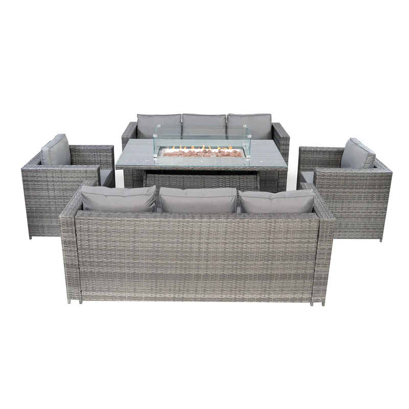 Set Mobili da Giardino in Rattan 8 Posti con Tavolo Firepit – Grigio