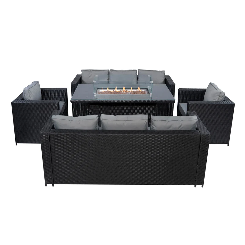 Set Mobili da Giardino in Rattan 8 Posti con Tavolo Firepit – Nero