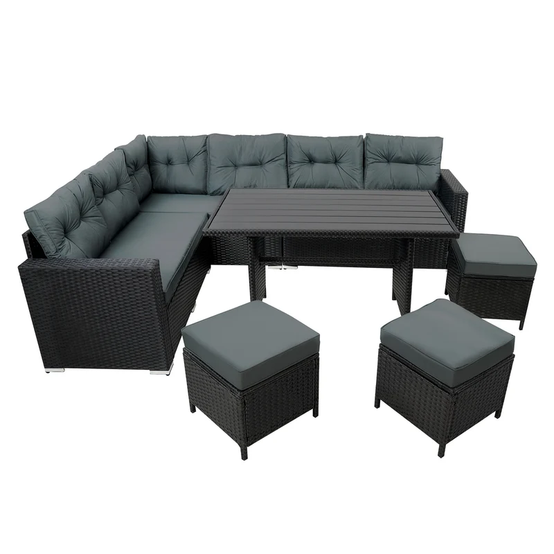 Set Angolare in Rattan 9 Posti con Tavolo in Polywood – Nero con Cuscini Grigi
