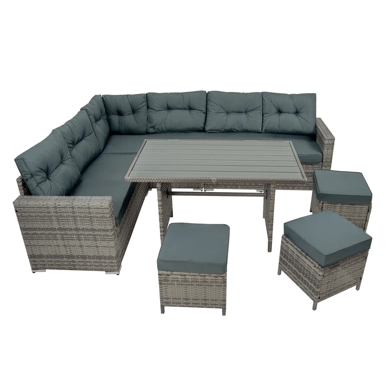 Set Angolare in Rattan 9 Posti con Tavolo in Polywood – Grigio con Cuscini Grigi