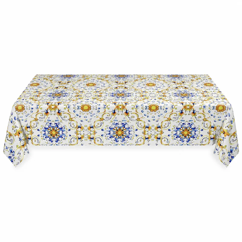 Tovaglia antimacchia fantasia maiolica blu e oro 140x240 cm – Florence