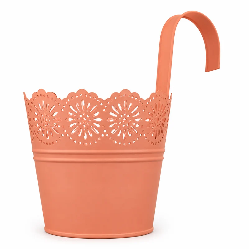 Fioriera pensile in zinco opaco con bordo traforato e gancio – arancio e terracotta